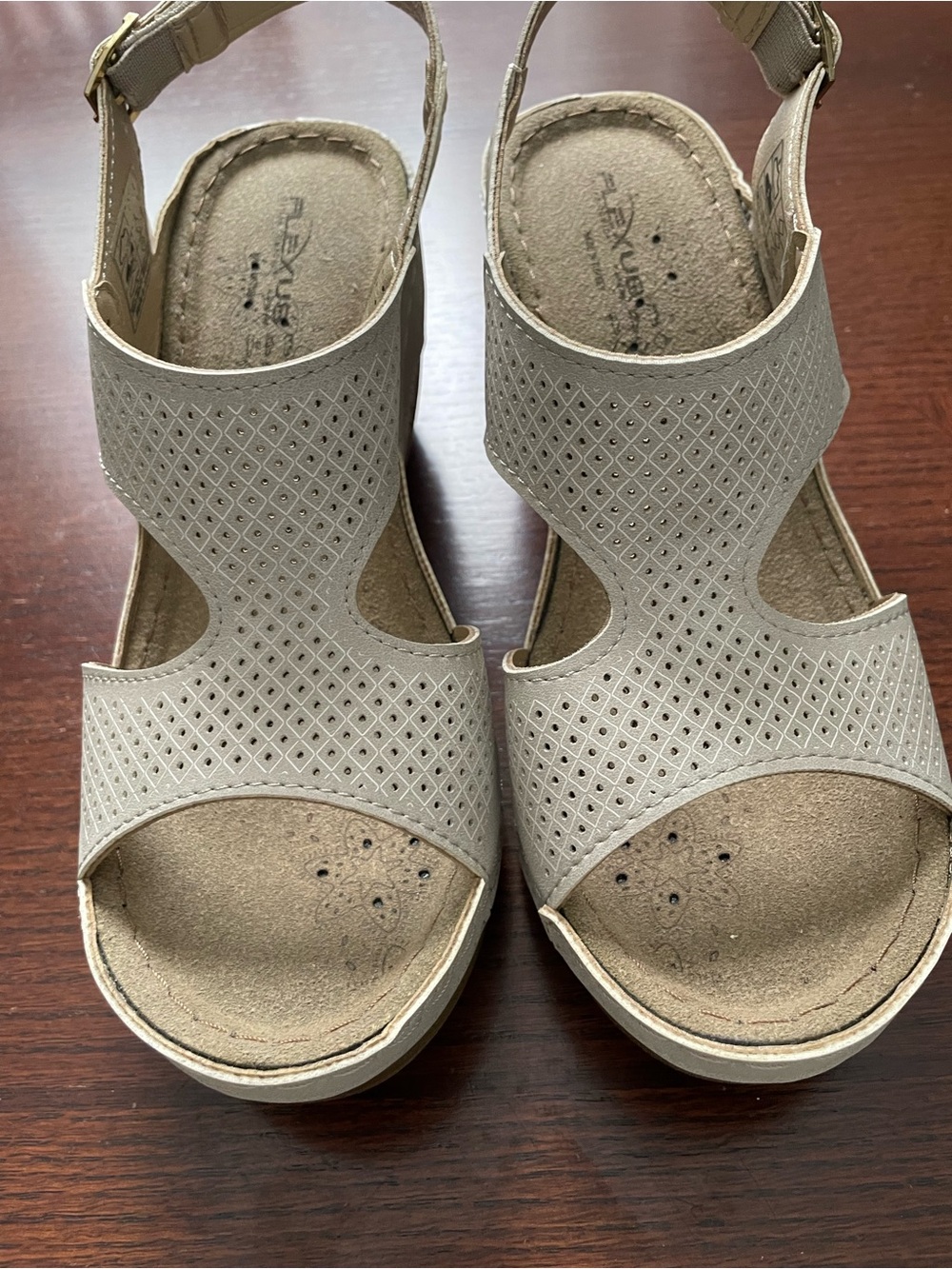 Neutral Perforated Wedge Sandals with Adjustable Ankle Strap